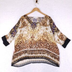 Boston‎ Proper Blouse Womens M Baroque Leopard Print Sheer Chiffon Tunic Blue